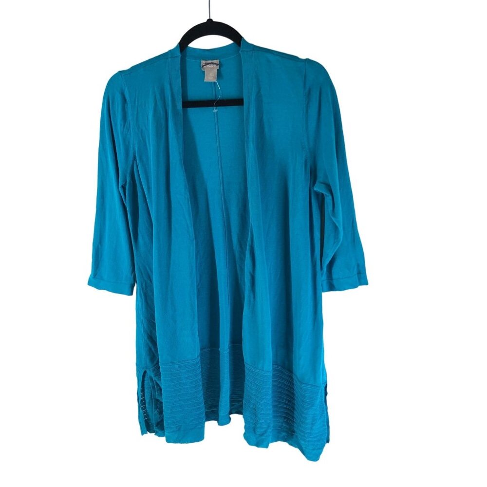Chicos Turquoise Open Front Stitch-Detail Cardigan 3/4 Sleeve Size 0 (US Size S)